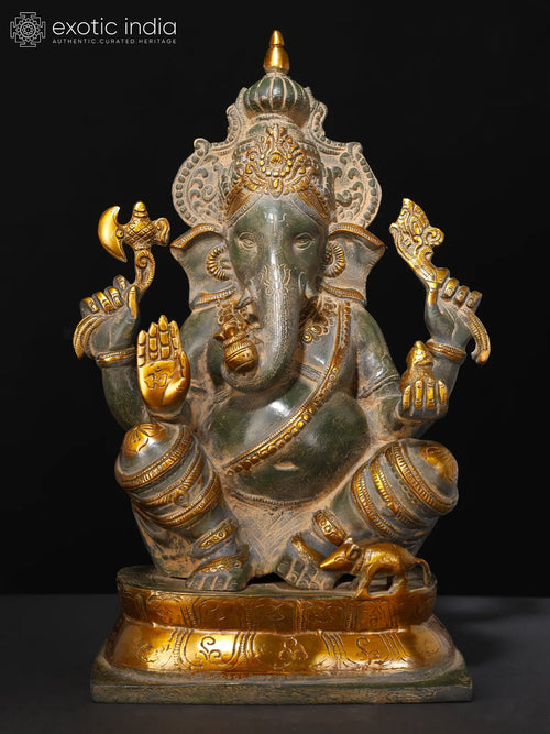 15" Chaturbhuja Ashirwad Ganesha Brass Statue Handmade