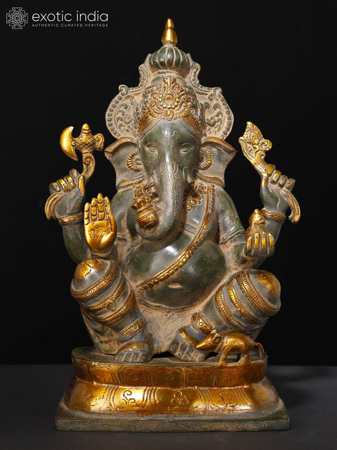 15" Chaturbhuja Ashirwad Ganesha Wearing a Majestic Crown In Brass | Handmade | Made In India