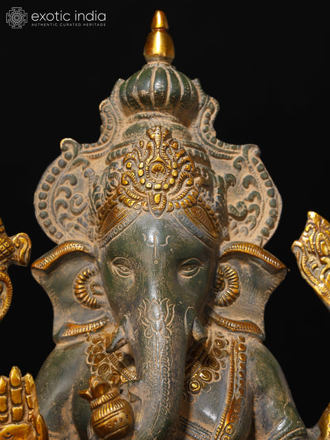 15" Chaturbhuja Ashirwad Ganesha Wearing a Majestic Crown In Brass | Handmade | Made In India