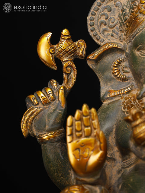 15" Chaturbhuja Ashirwad Ganesha Wearing a Majestic Crown In Brass | Handmade | Made In India