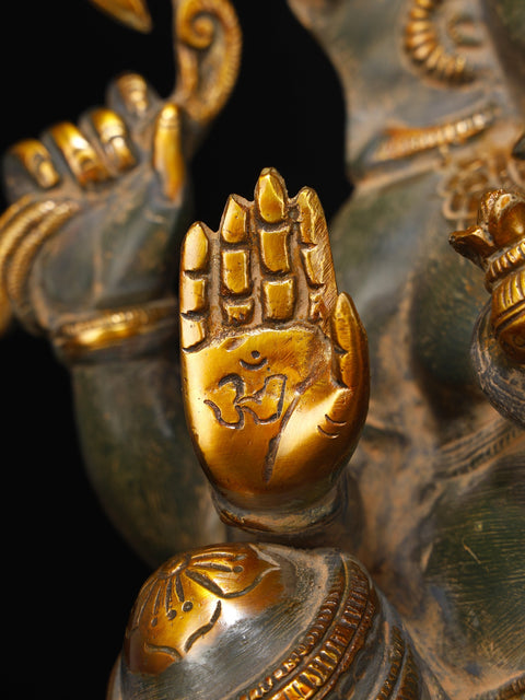 15" Chaturbhuja Ashirwad Ganesha Wearing a Majestic Crown In Brass | Handmade | Made In India