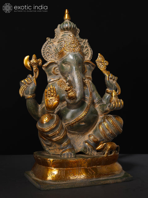 15" Chaturbhuja Ashirwad Ganesha Wearing a Majestic Crown In Brass | Handmade | Made In India