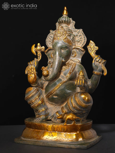 15" Chaturbhuja Ashirwad Ganesha Wearing a Majestic Crown In Brass | Handmade | Made In India
