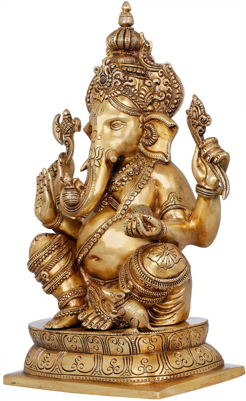 15" Chaturbhuja Ashirwad Ganesha Wearing a Majestic Crown in Brass | Handmade | Made in India