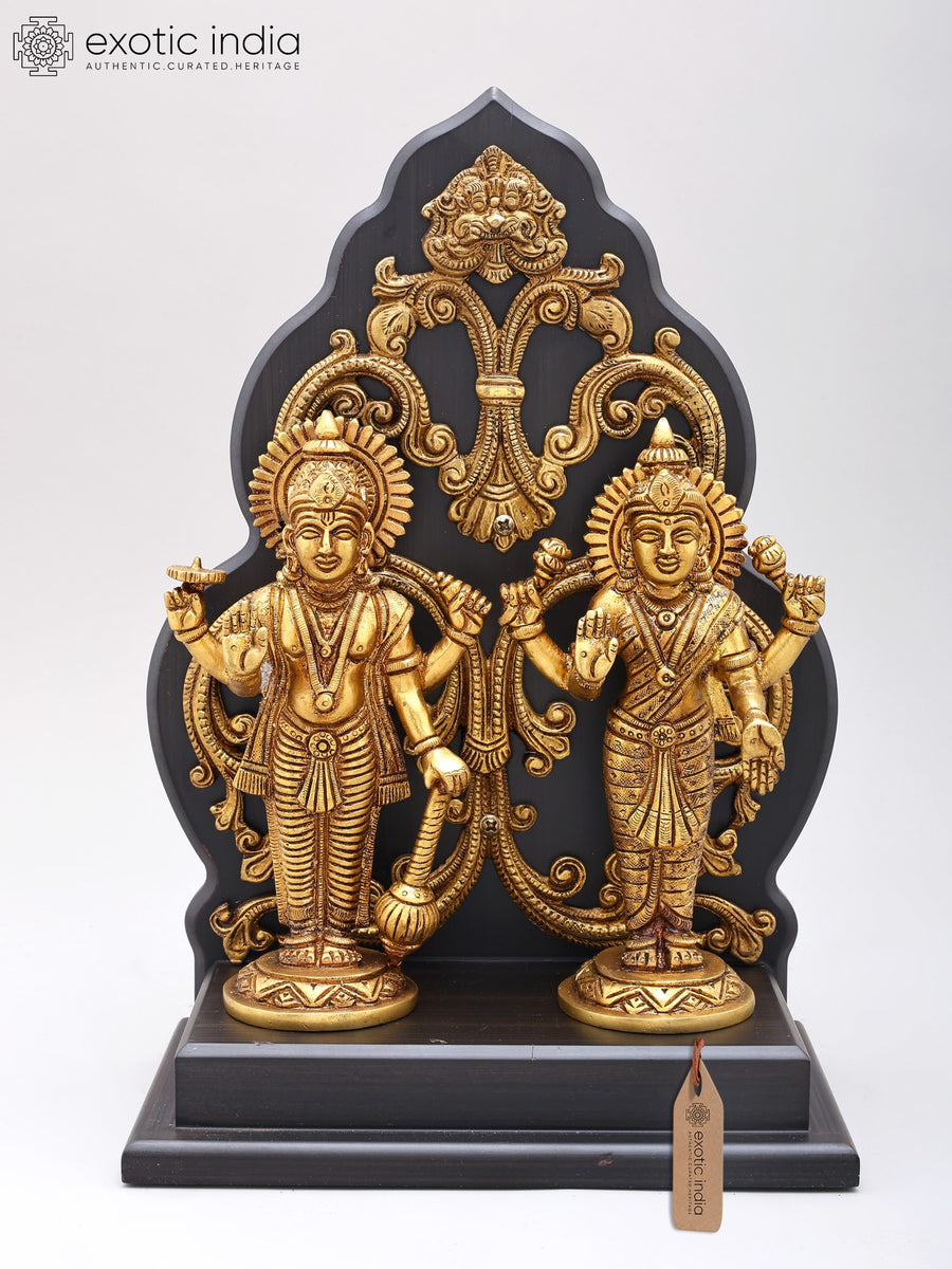 12" Lakshmi-Narayana Brass Wall Hanging with Wooden Aureole