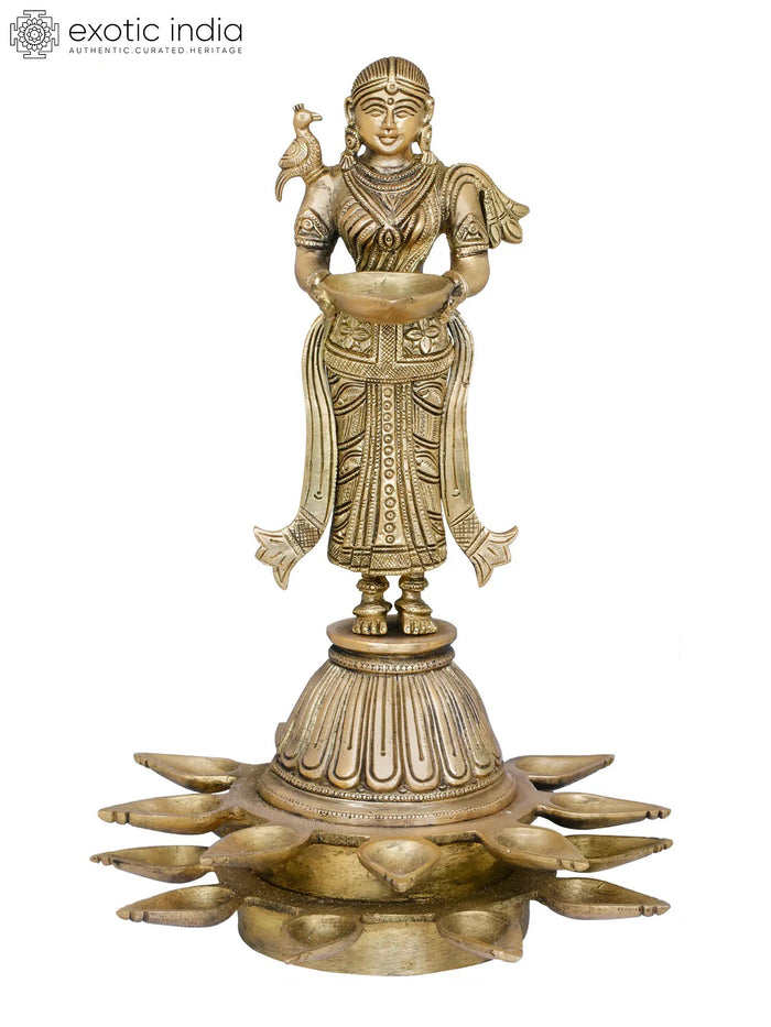 13" Brass Deepalakshmi Nineteen Wicks Diya Idol on High Pedestal Handmade