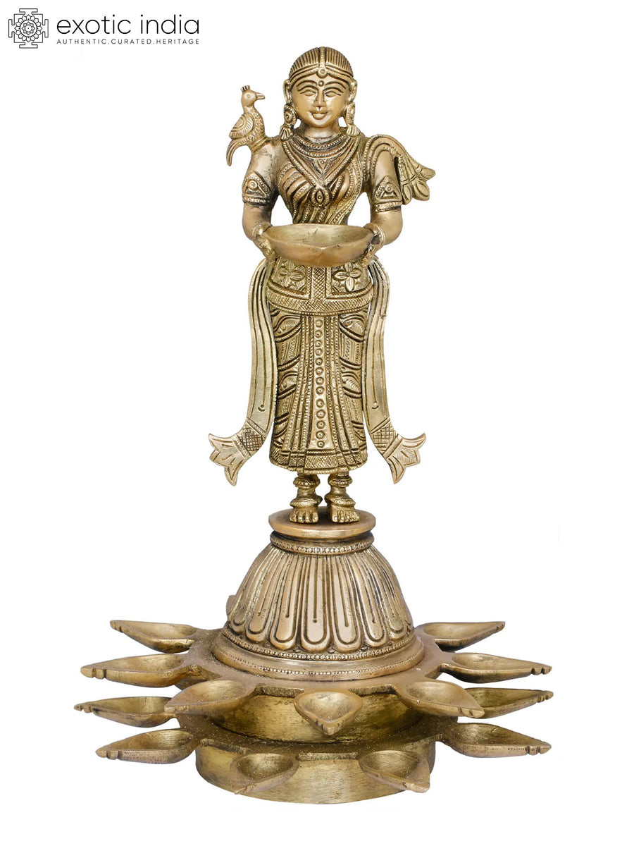 13" Brass Deepalakshmi Nineteen Wicks Diya Idol on High Pedestal Handmade