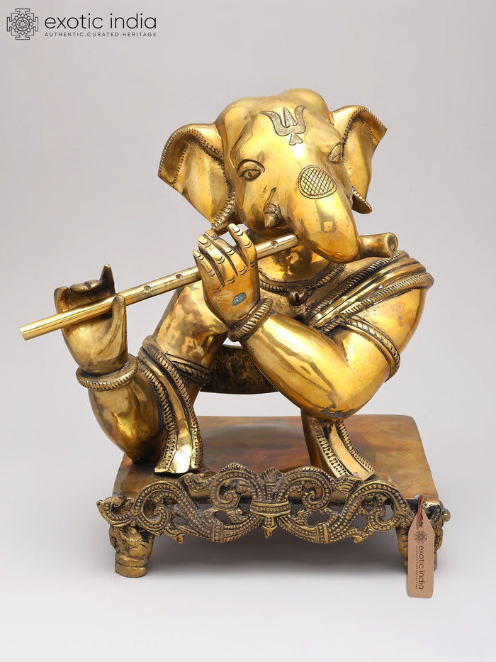 11" Handcrafted Flutist Ganesha Brass Statue for Home Decor