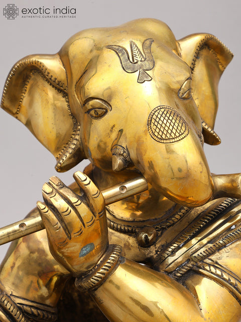 11" Flutist Ganesha Brass Statue | Indian Handcrafted Idol