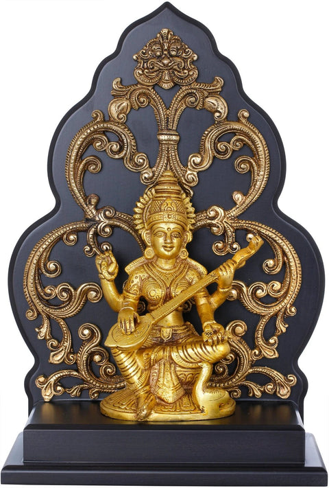 12" Goddess Saraswati on a Kirtimukha Chowki in Brass | Indian Handcrafted Idol