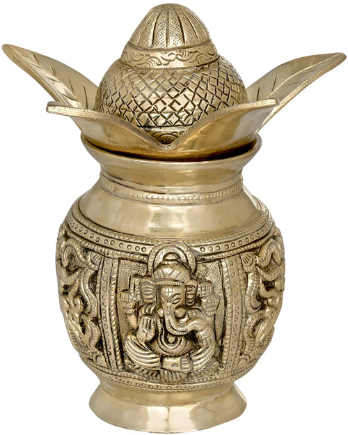 7" Brass Coconut Kalasha Idol for Lakshmi Ganesha Puja Handmade