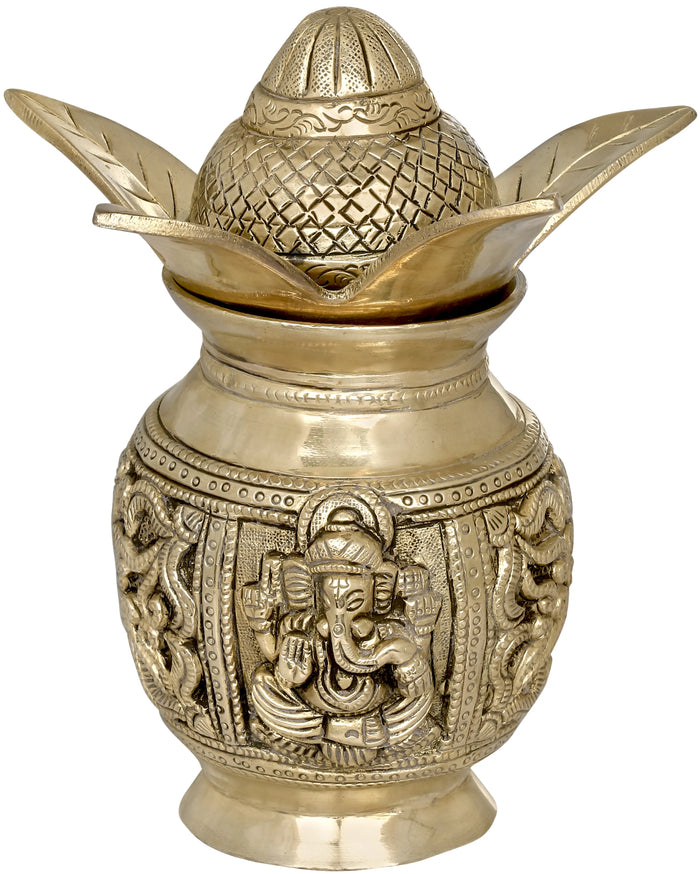 7" Brass Coconut Kalasha for Lakshmi Ganesha Puja | Handmade | Made in India