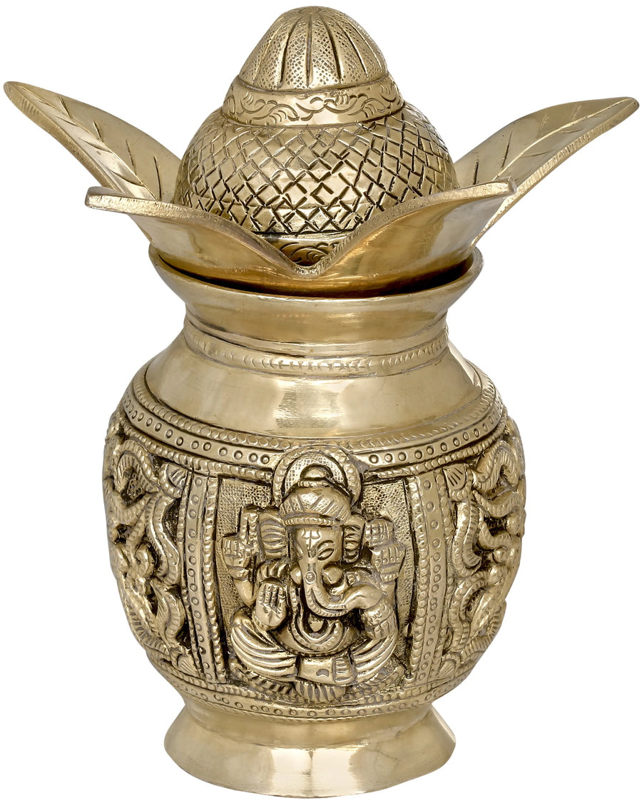 7" Brass Coconut Kalasha Idol for Lakshmi Ganesha Puja Handmade