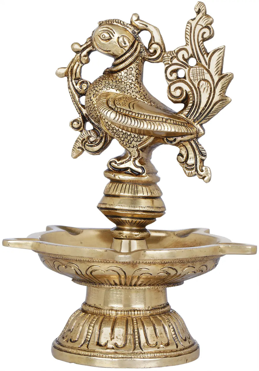 6" Handmade Brass Peacock Five Wicks Oil Lamp