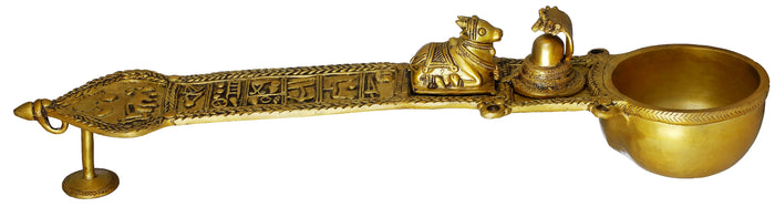 23" Brass Uddharani Ritual Spoon with Nandi and Shiva Linga Figures