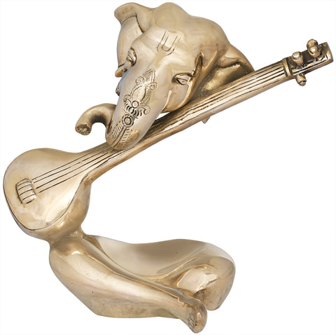 9" Stylized Sitar Ganesha in Brass | Indian Handcrafted Idol