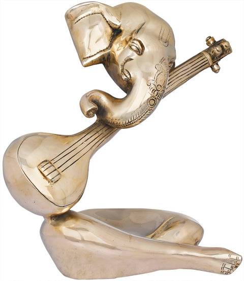 9" Stylized Sitar Ganesha in Brass | Indian Handcrafted Idol