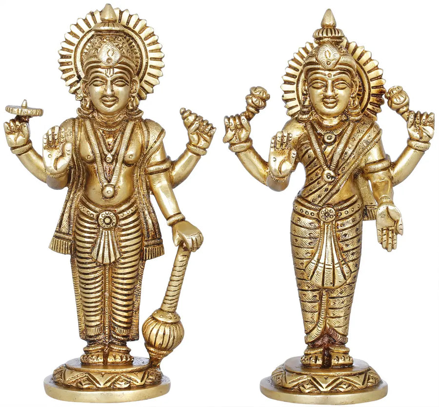 7" Vishnu and Lakshmi Handmade Brass Statue for Pooja