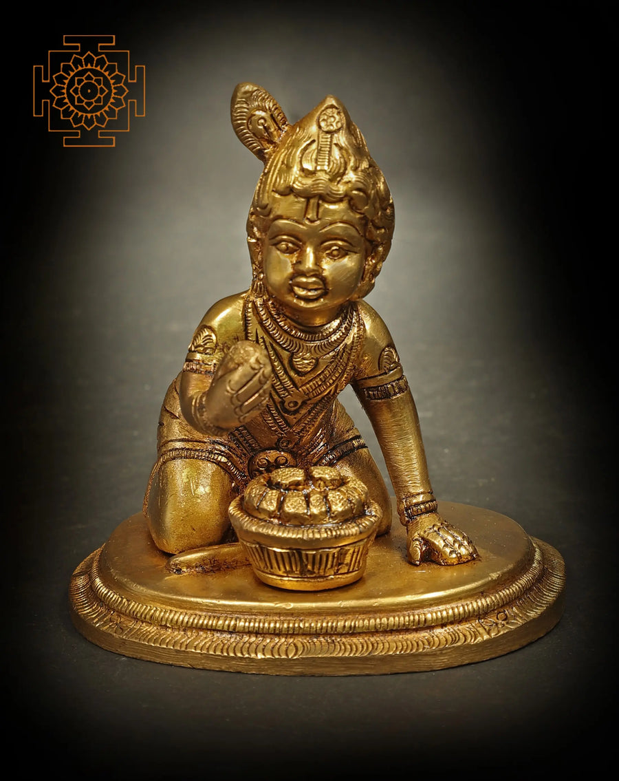 3" Handmade Krishna Makhan Chor Brass Idol