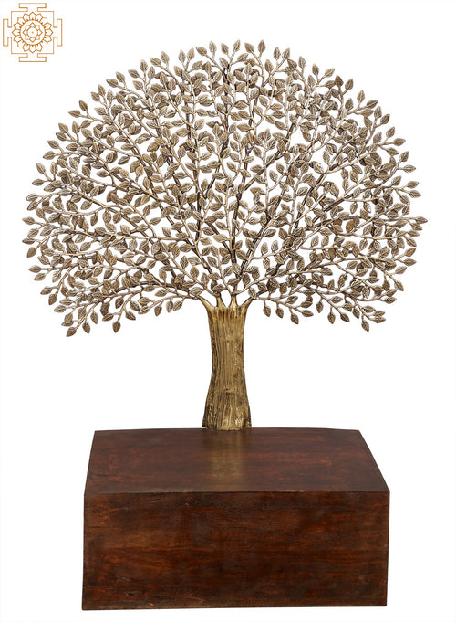 42" Wooden Seat with Lifelike Tree Brass Statue Base Handmade