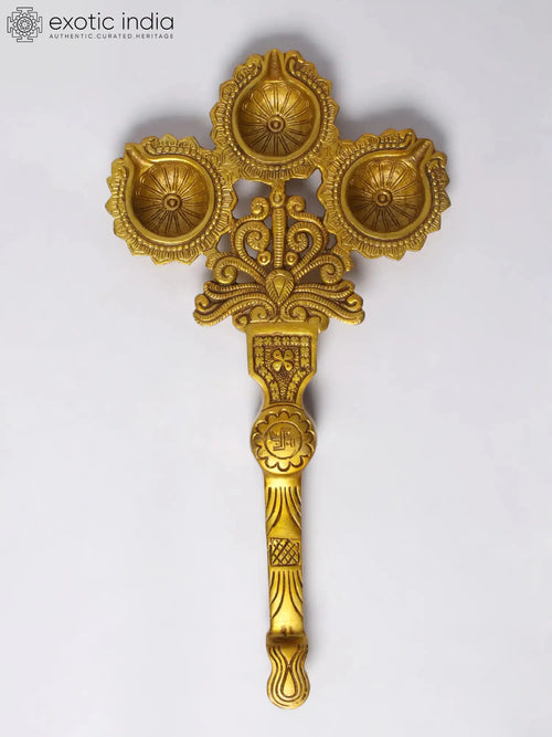 12" Brass Arti Diya Handheld Lamp for Pooja