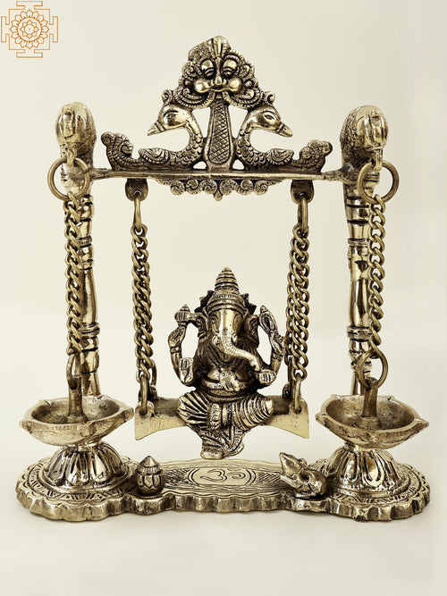 8" Brass Lord Ganesha Idol with Parrot Swing and Dangling Lamps