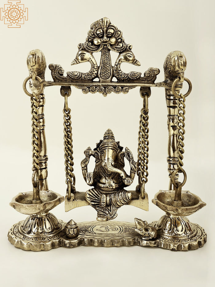 8" Brass Lord Ganesha Idol with Parrot Swing and Dangling Lamps