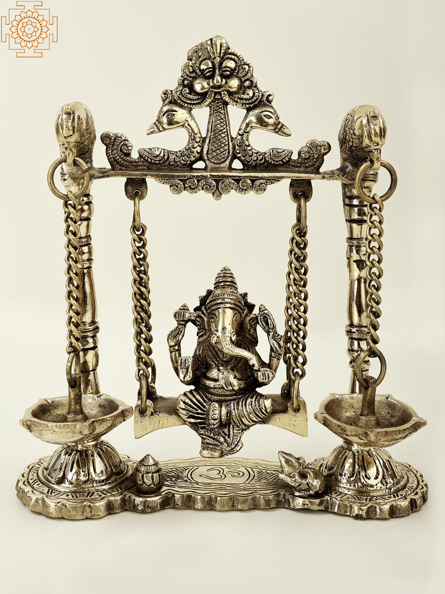 8" Brass Lord Ganesha Idol with Parrot Swing and Dangling Lamps