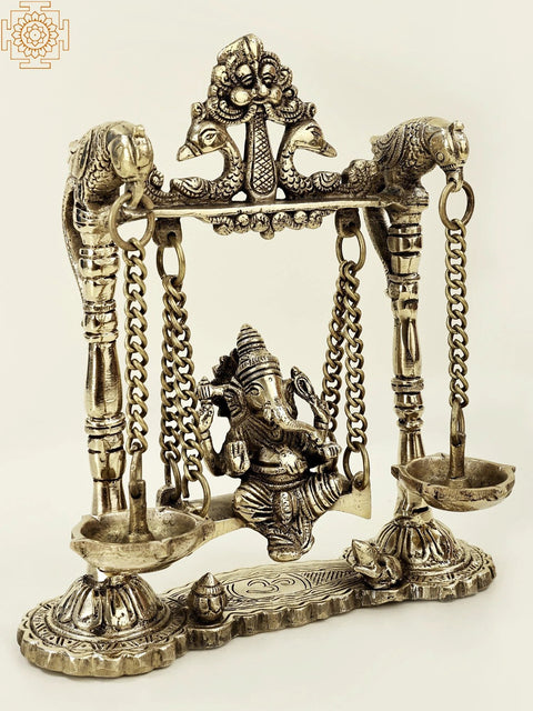 8" Brass Lord Ganesha Idol on Parrot Swing with Two Dangling Lamps | Handmade