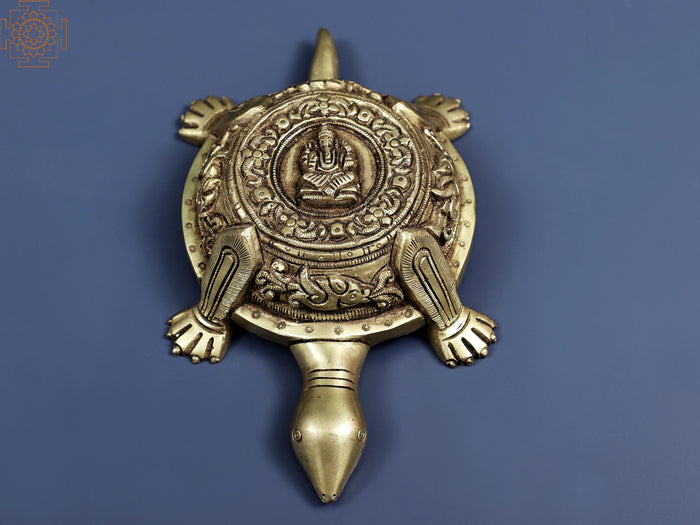 Carved Brass Vastu Tortoise with Ganesha Figure atop