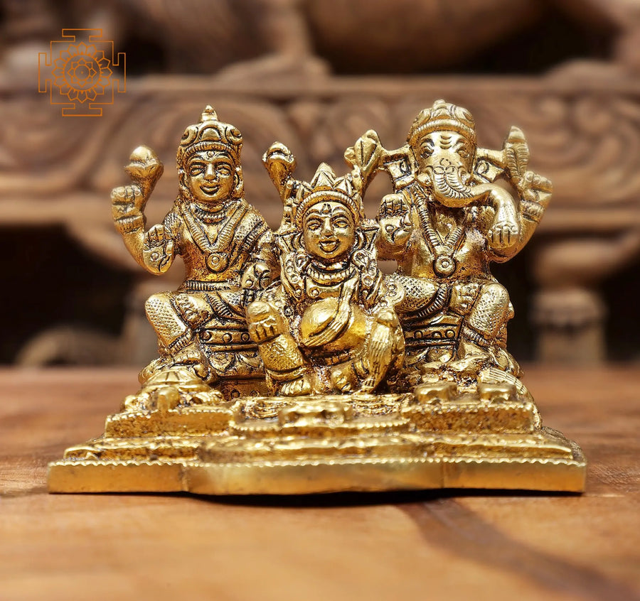 2" Small Brass Lakshmi Ganesha Kubera Statue Handmade