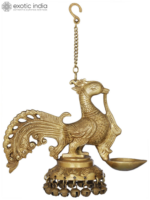 7" Brass Peacock Lamp with Ghungroos Handmade Roof Hanging