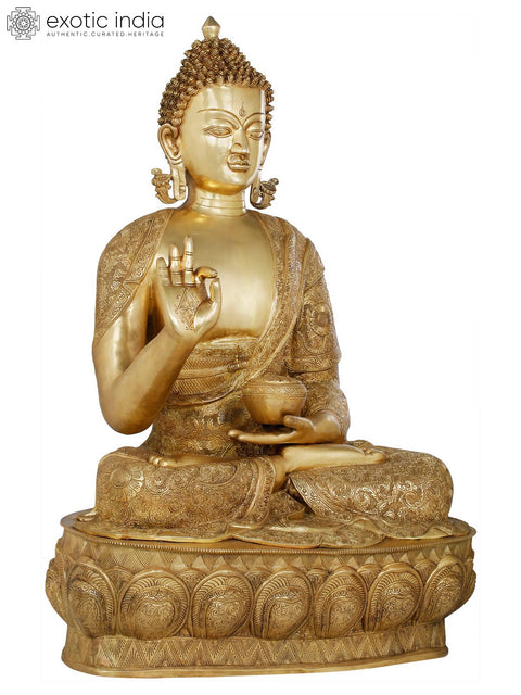 36" Gracious Buddha, Clad in a Luxuriant Robe in Brass | Indian Handcrafted Idol