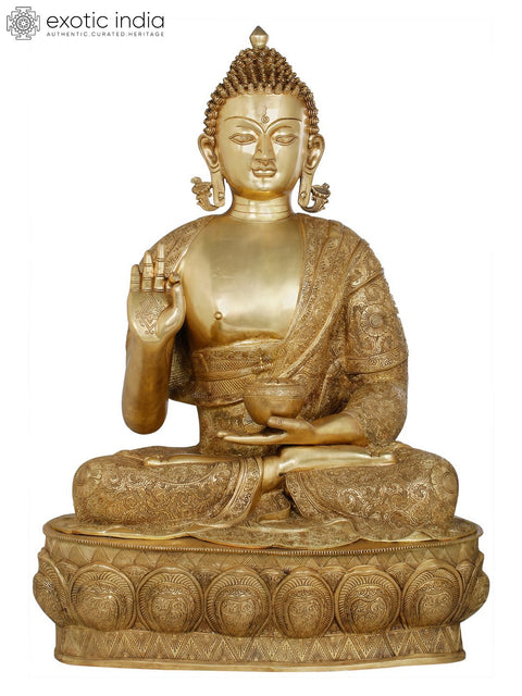 36" Gracious Buddha, Clad in a Luxuriant Robe in Brass | Indian Handcrafted Idol