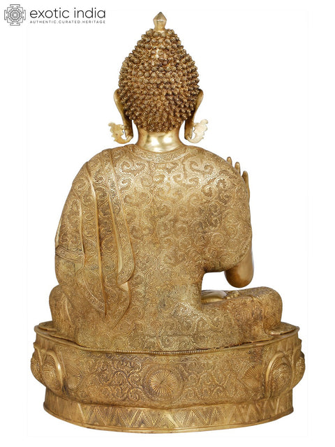 36" Gracious Buddha, Clad in a Luxuriant Robe in Brass | Indian Handcrafted Idol