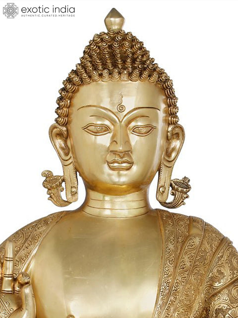 36" Gracious Buddha, Clad in a Luxuriant Robe in Brass | Indian Handcrafted Idol