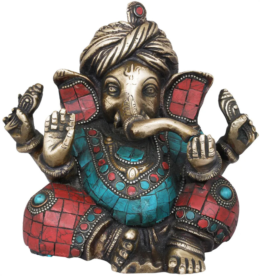 5" Brass Ganesha Inlay Statue for Pooja Handmade
