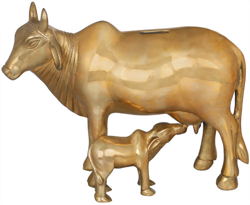 7" Brass Cow and Calf Gullak Handmade Piggy Bank Statue