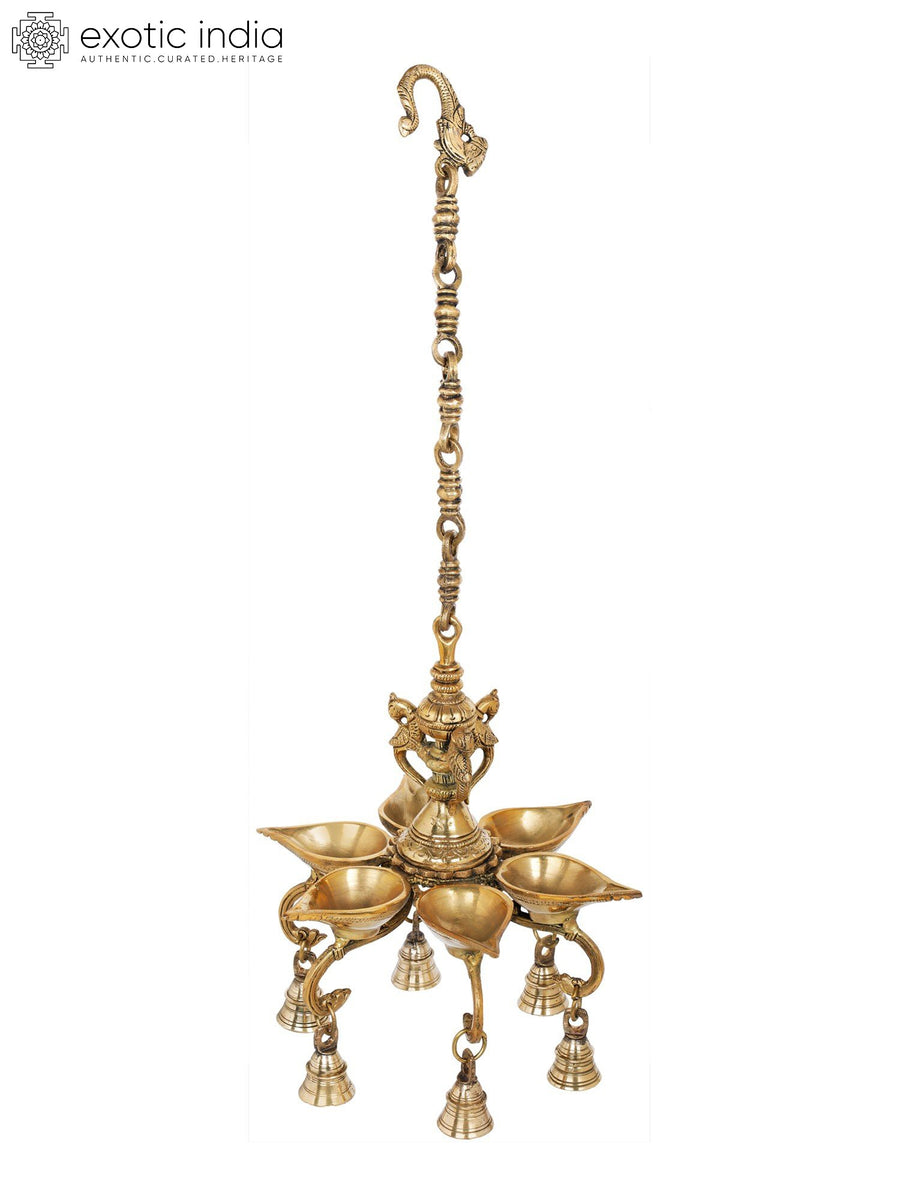 10" Brass Roof Hanging Oil Lamp with Bells and Six Wicks