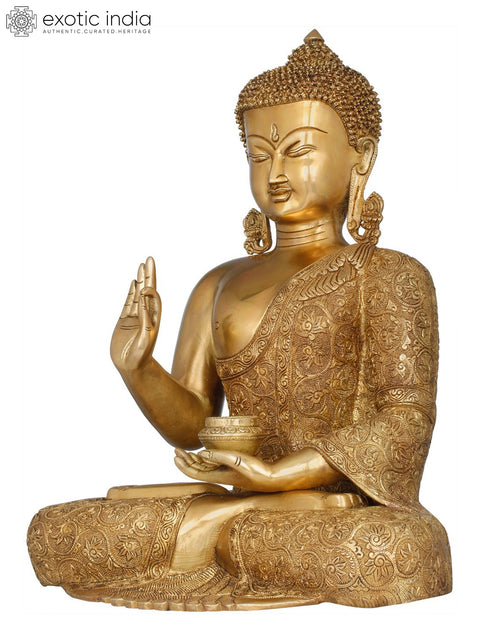 17" Tibetan Buddhist Preaching Buddha in Carved Robe In Brass | Handmade | Made In India