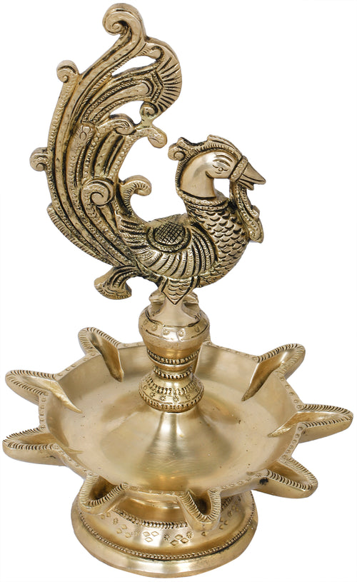 11" Brass Peacock Lamp for Pooja and Home Decor