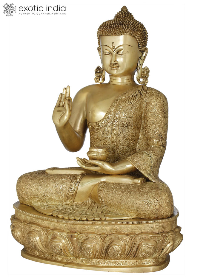 21" Brass Buddha Statue in Preaching Mudra on Lotus Seat Handmade