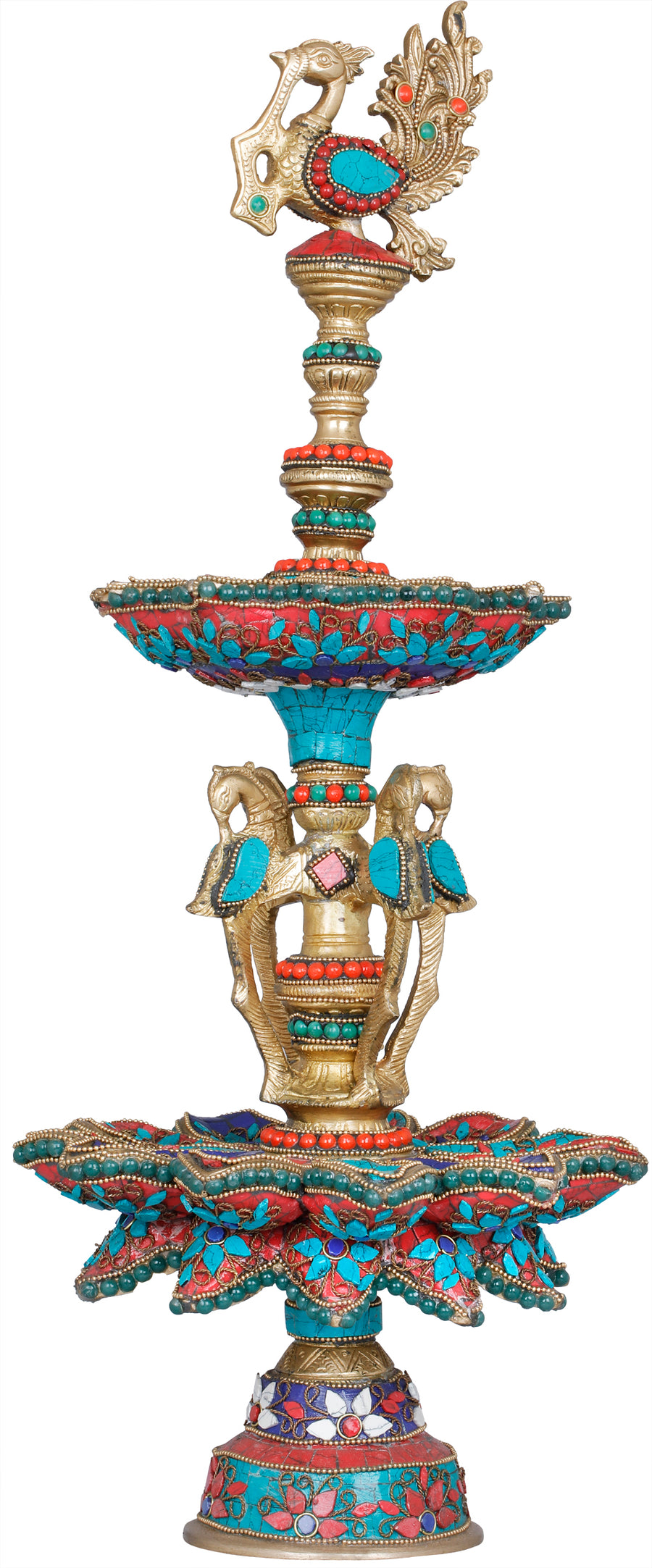 20" Handmade Brass Peacock Inlay Lamp for Home Decor