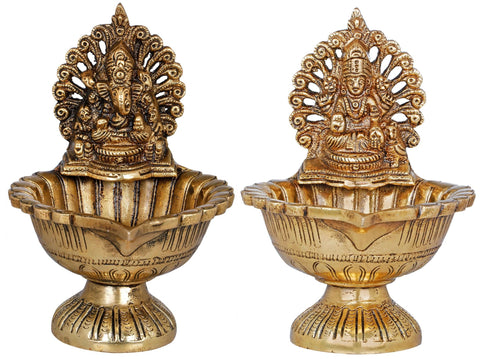 6" Lakshmi Ganesha Lamp in Brass | Handmade | Made In India