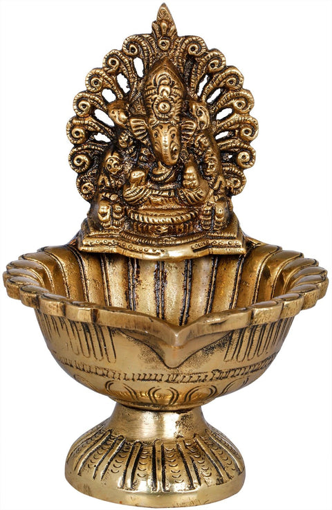 6" Lakshmi Ganesha Lamp in Brass | Handmade | Made In India