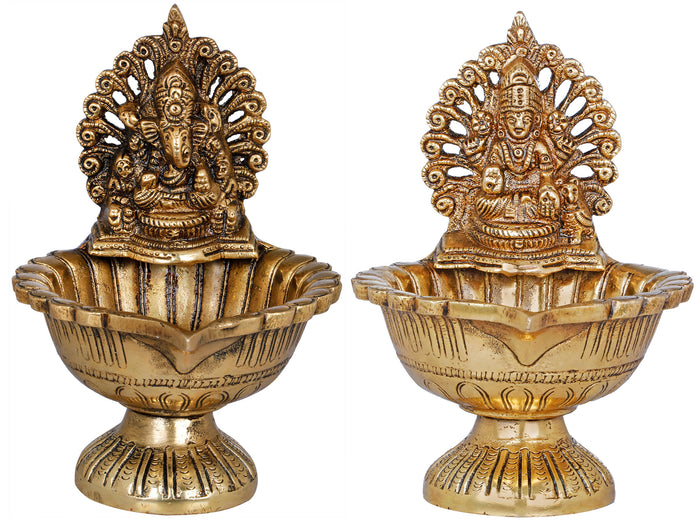 6" Handmade Brass Lakshmi Ganesha Lamp for Pooja