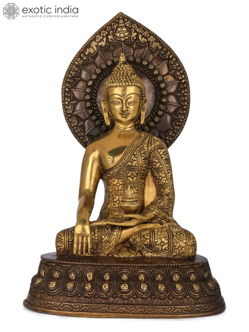 13" Shakyamuni Buddha Handmade Brass Statue with Lotus Aureole