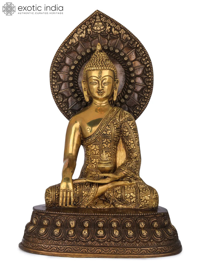 13" Shakyamuni Buddha Idol with Large Lotus Petals Aureole | Handmade Tibetan Buddhist Brass Statue