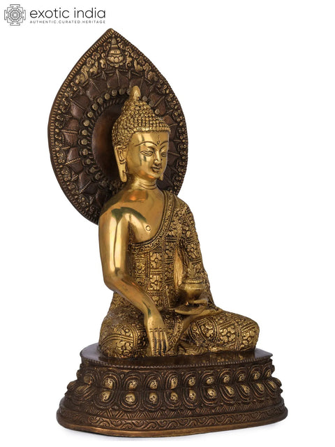 13" Shakyamuni Buddha Idol with Large Lotus Petals Aureole | Handmade Tibetan Buddhist Brass Statue