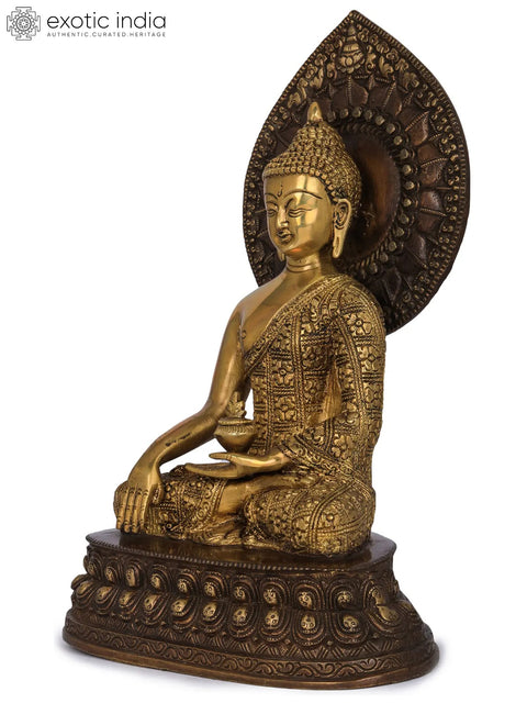 13" Shakyamuni Buddha Idol with Large Lotus Petals Aureole | Handmade Tibetan Buddhist Brass Statue